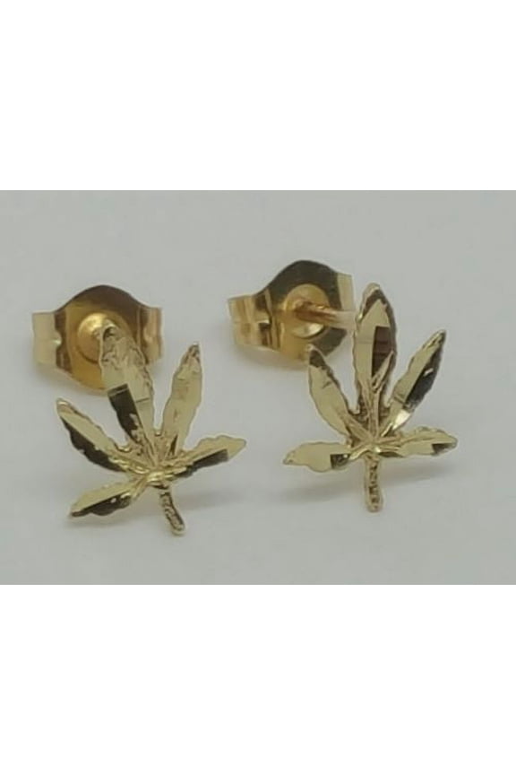 14k Solid Yellow Gold Marijuana Leaf Weed Stud Earrings Women/Men Push Back 8MM