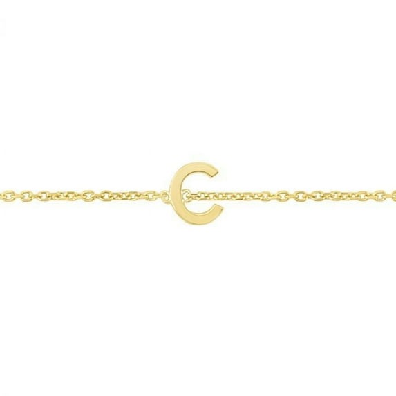 14k Solid Yellow Gold Mini Initial C Bracelet with Spring Ring Closure, Letter C Pendant 5mm, 0.8mm Cable Chain (7")