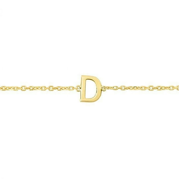 14k Solid Yellow Gold Mini Initial D Bracelet with Spring Ring Closure, Letter D Pendant 5mm, 0.8mm Cable Chain (7")