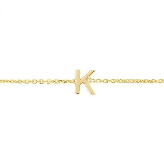 14k Solid Yellow Gold Mini Initial K Bracelet with Spring Ring Closure, Letter K Pendant 5mm, 0.8mm Cable Chain (7")