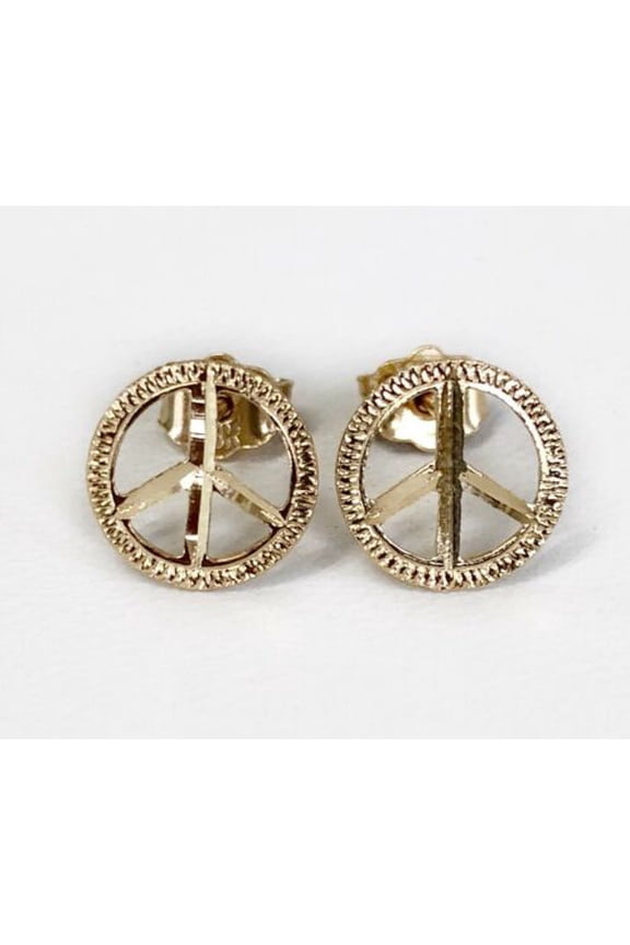 14k Solid Yellow Gold Peace Sign Logo Stud Earrings Men / Women Push Back 9 MM