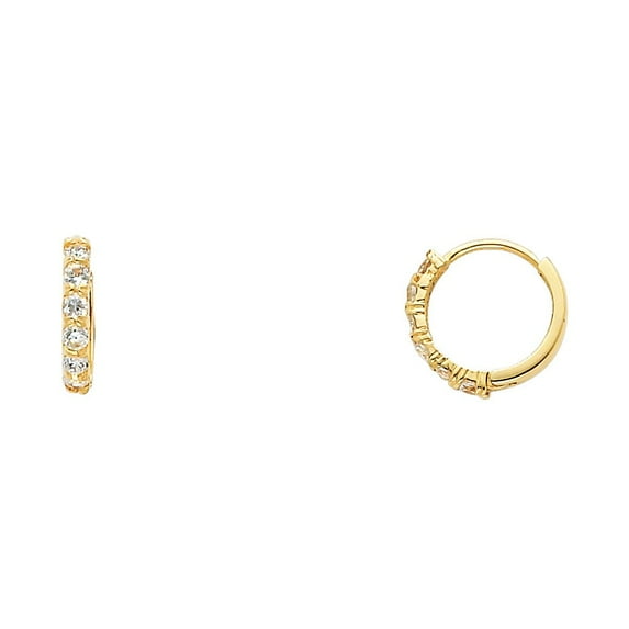 14k Solid Yellow Gold Simulated Diamonds Pave Set Small Huggies Hoop Earrings 2mm