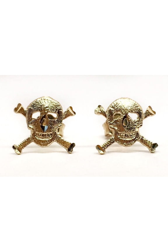 14k Solid Yellow Gold Skull Punk Rock Gothic Halloween Stud Earrings 11 MM