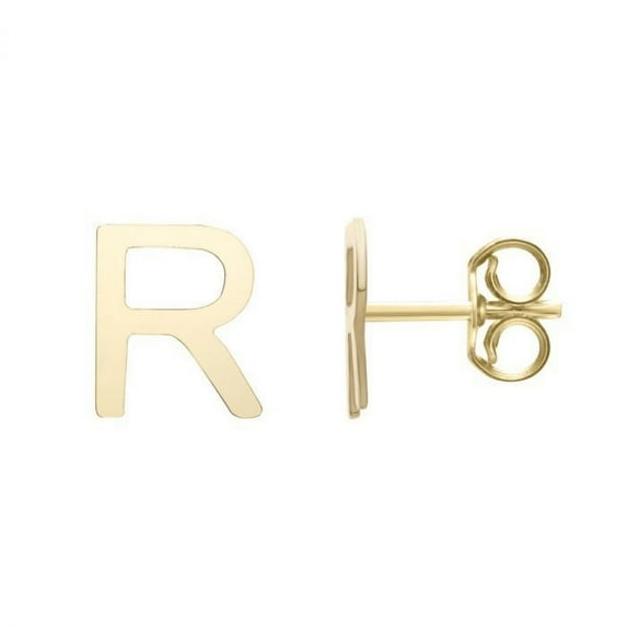 14k Solid Yellow Gold Small Stud Earrings w/ Pushbacks, Initial R (6x5.5mm)