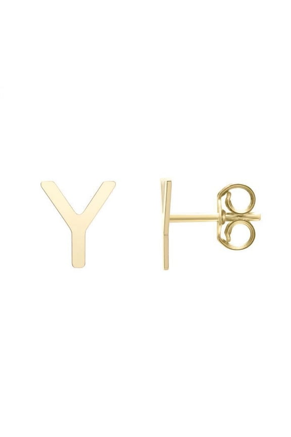 14k Solid Yellow Gold Small Stud Earrings w/ Pushbacks, Initial Y (6x5.5mm)