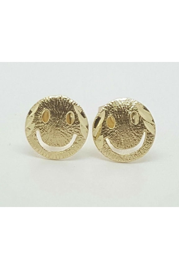 14k Solid Yellow Gold Stud Earrings Happy Smiley Emoji Round 7MM Unisex