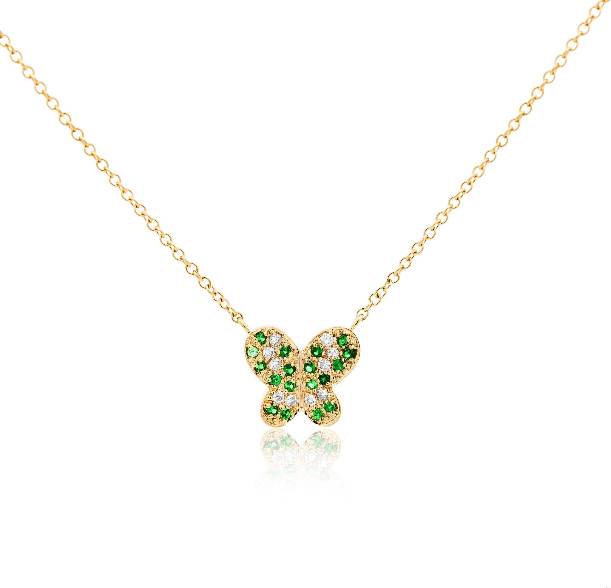 14k Solid Yellow Gold Tsavorite Butterfly Charm Floating Pendant Necklace