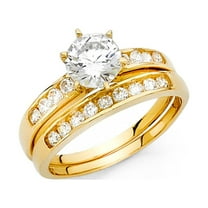 14k Solid Yellow Italian Gold 1.25 ct CZ Round Wedding Ring Duo Set