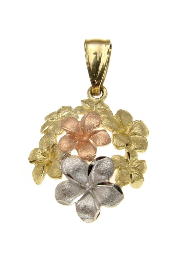 14k Solid tri color yellow pink rose white gold Hawaiian plumeria flower pendant