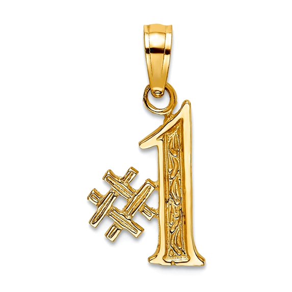14k Solid Yellow Gold Textured Polished Sport game Number 1 Pendant Necklace 19.1x9.3mm Pendant for Women