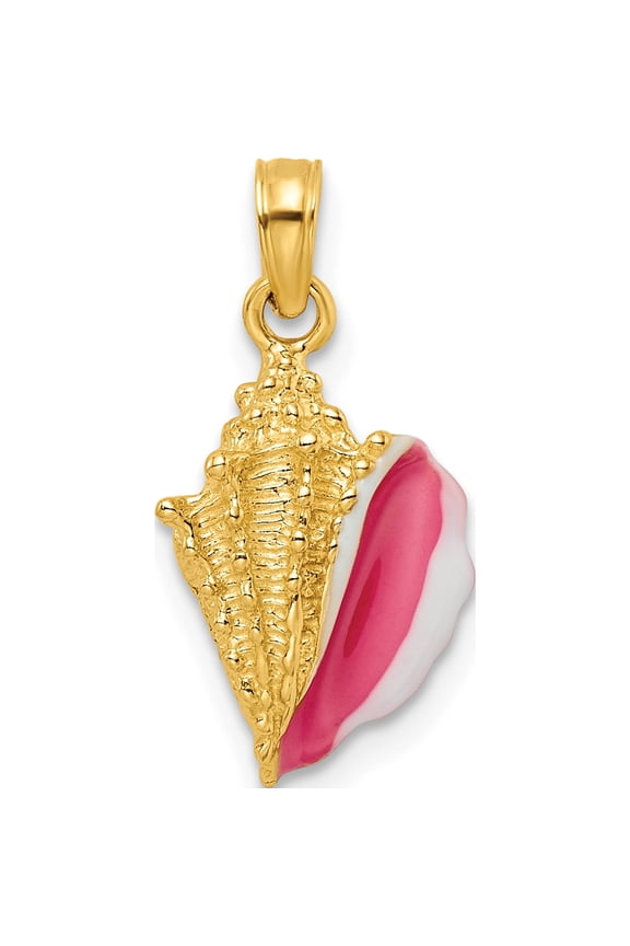 14K Yellow Gold Textured Pink and White Enamel Conch Shell Pendant