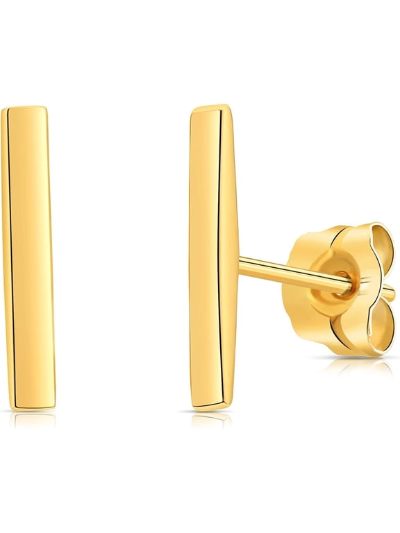 14k Thin Solid Yellow Gold Polished Bar Dainty Stud Earrings for Women