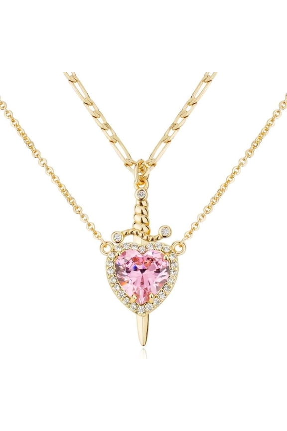 14k Top Gold-Plated Heart & Zirconia Dagger Cross Pendant Necklaces For Women & Men,Zirconia Heart Necklace,Dagger Cross Pendant[r488]