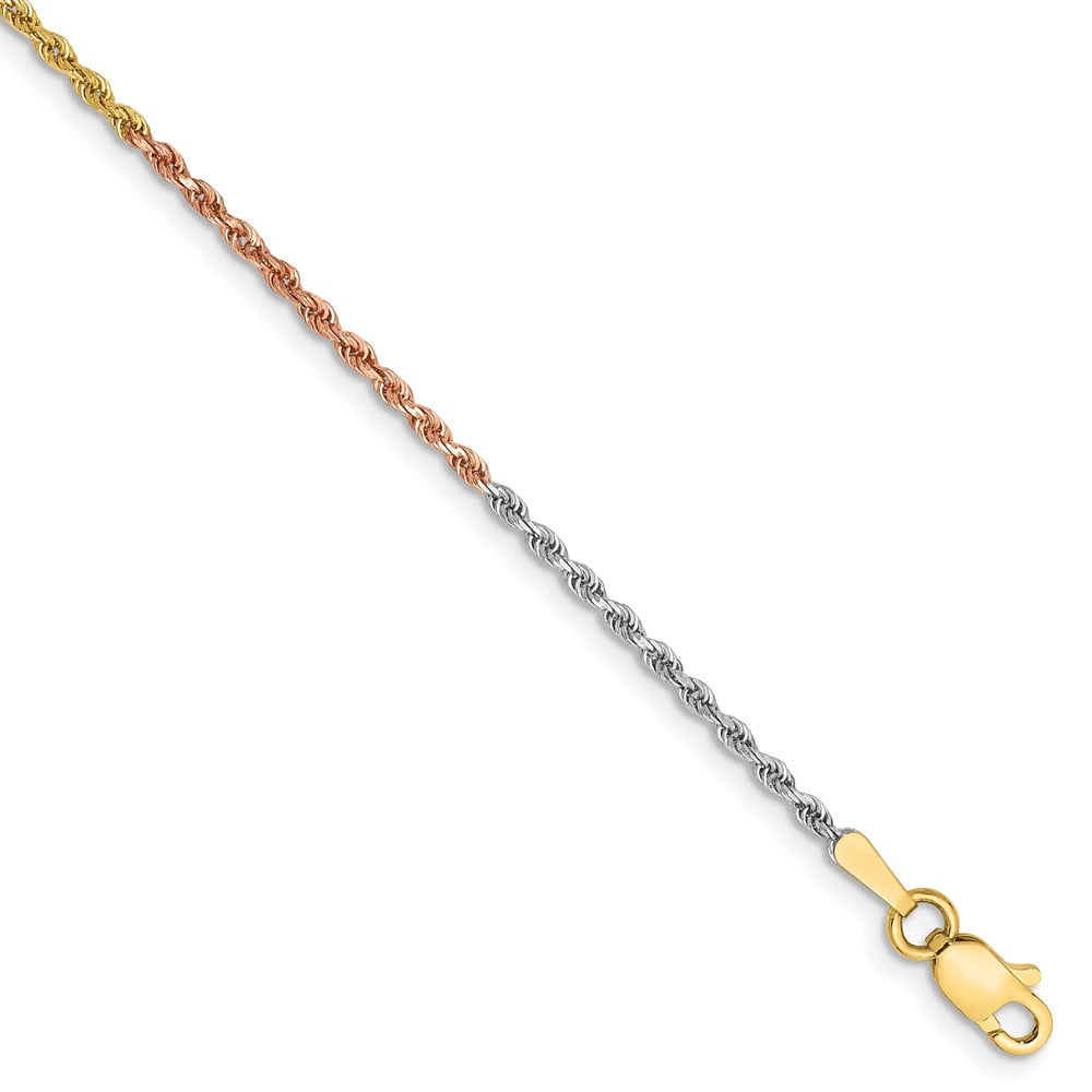14k Tri-Color Anklet 9 inch 1.5 mm Tri-colored Diamond-cut Rope with Lobster Clasp
