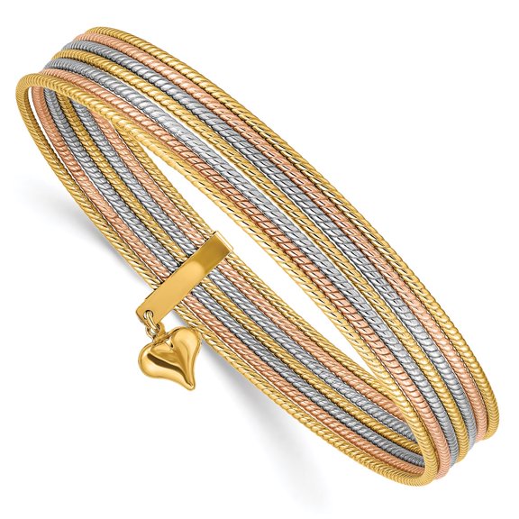 14k Tri-Color Bracelet Bangle Women's 11 mm 8 in w/ Dangle Heart Set of 7 Textured Slip-on Bangles
