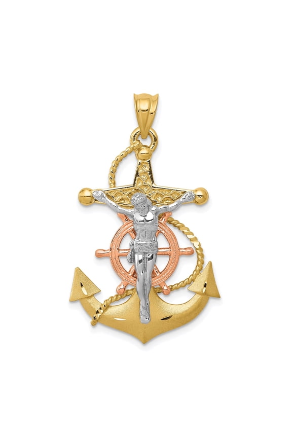 14k Tri Color Crucifix Nautical Rope Cross Pendant Necklace for Men and Women with Anchor Charm and Religious Ship Wheel Detail Faith Inspired Spiritual Jewelry