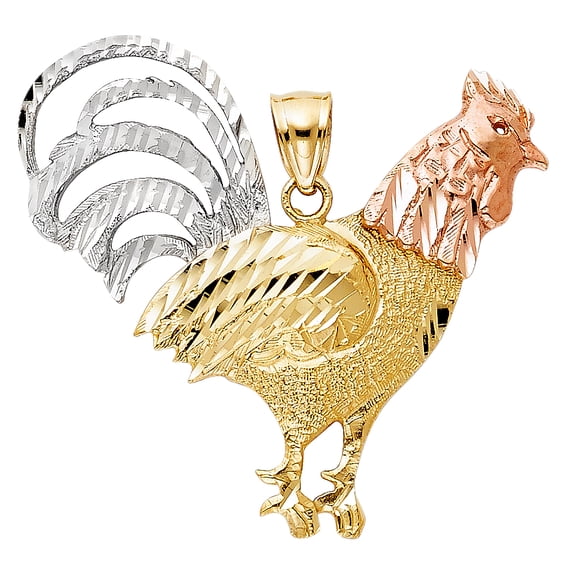 14k Tri-Color Gold 3D Precision-Cut Fancy Farmhouse Rooster Pendant Strong Charm Jewelry Female