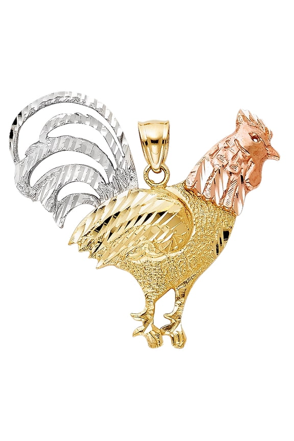 14k Tri-Color Gold 3D Precision-Cut Fancy Farmhouse Rooster Pendant Strong Charm Jewelry Female