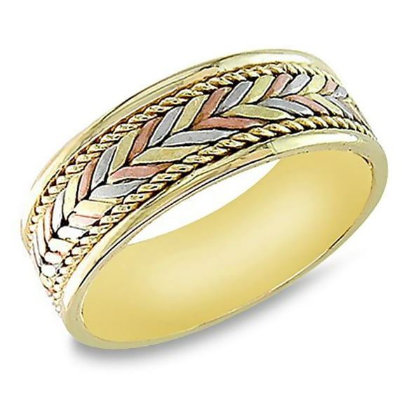 14k Tri-Color Gold 7MM Hand Braided Wheat Design Wedding Band Comfort fit Size 14.5