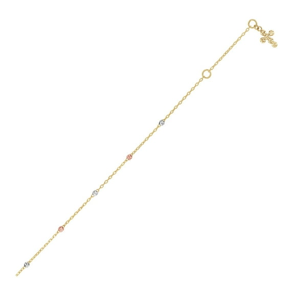 14k Tri Color Gold Anklet with Cross 10 in