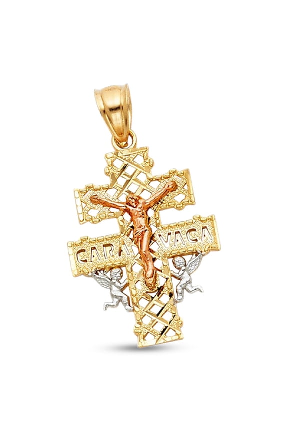 14k Tri Color Gold Cara Vaca Crucifix Pendant Charm Jesus Cross Religious Christian Polished Genuine Solid New 25 mm x 16 mm