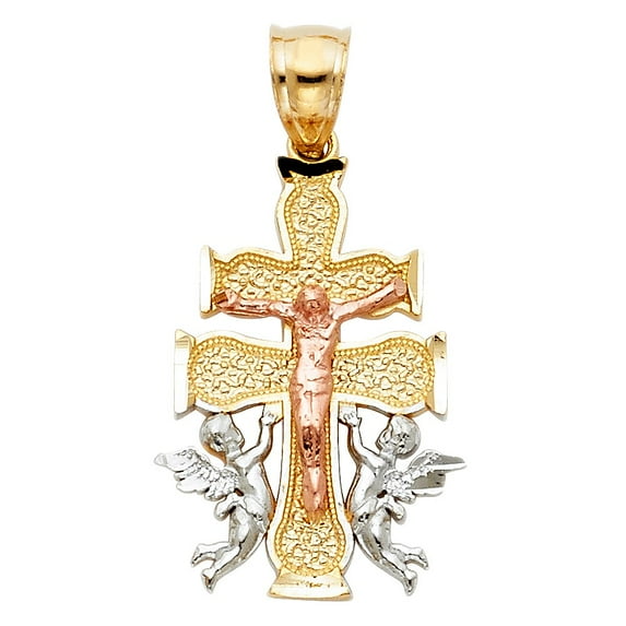 14k Tri Color Gold Caravaca Cross with Angels Crucifix Charm Pendant 25mm