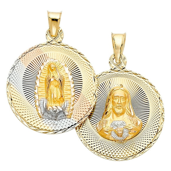 14k Tri-Color Gold Catholic Medallion Pendant Double Sided Virgin Mary Charm Jewelry Female Unisex
