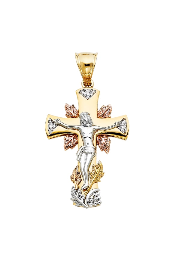 14k Tri-Color Gold Christ Triumphant Over Death Victory Crucifix Cross Pendant Jewelry Female Unisex