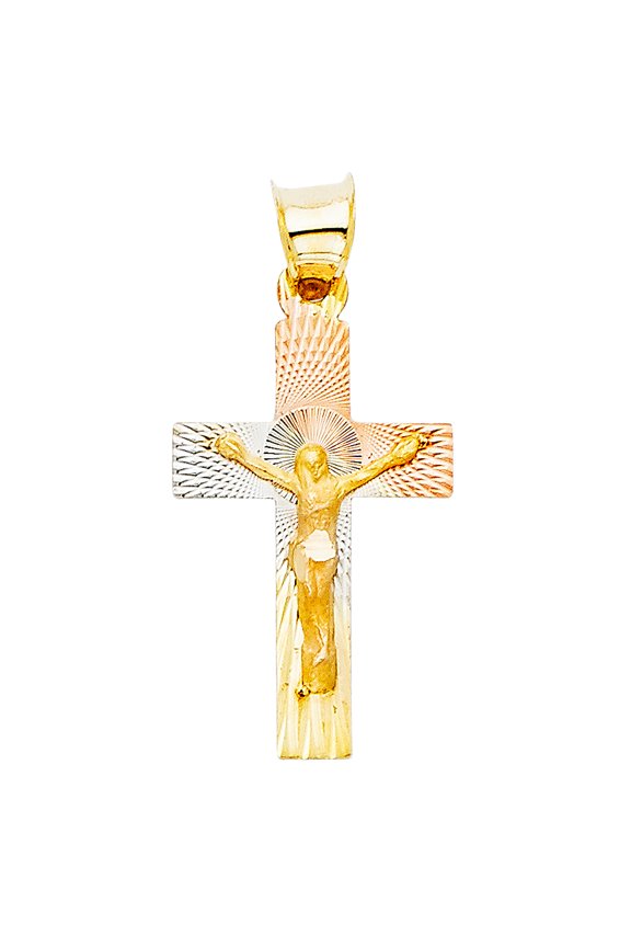 14k Tri-Color Gold Christ the King Crucifix Cross Symbol of Faith Pendant Charm Jewelry Female