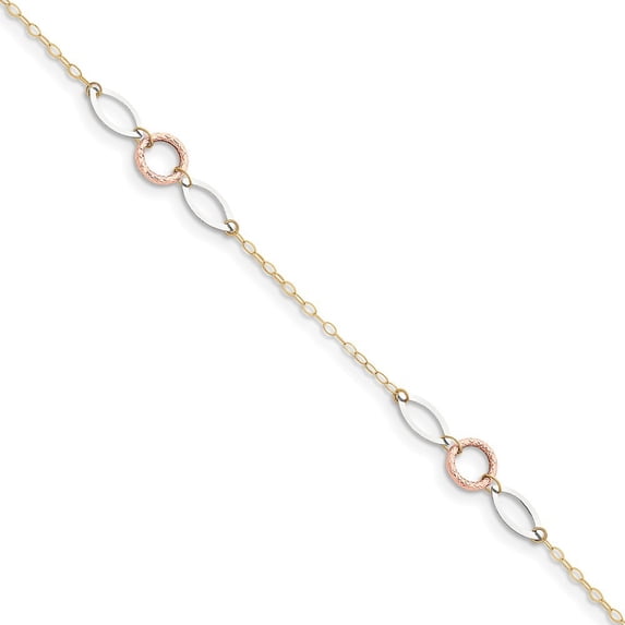 14k Tri-Color Gold Circle and Oval With 1inch Ext Anklet - 1.3 Grams - Measures 1mm Wide