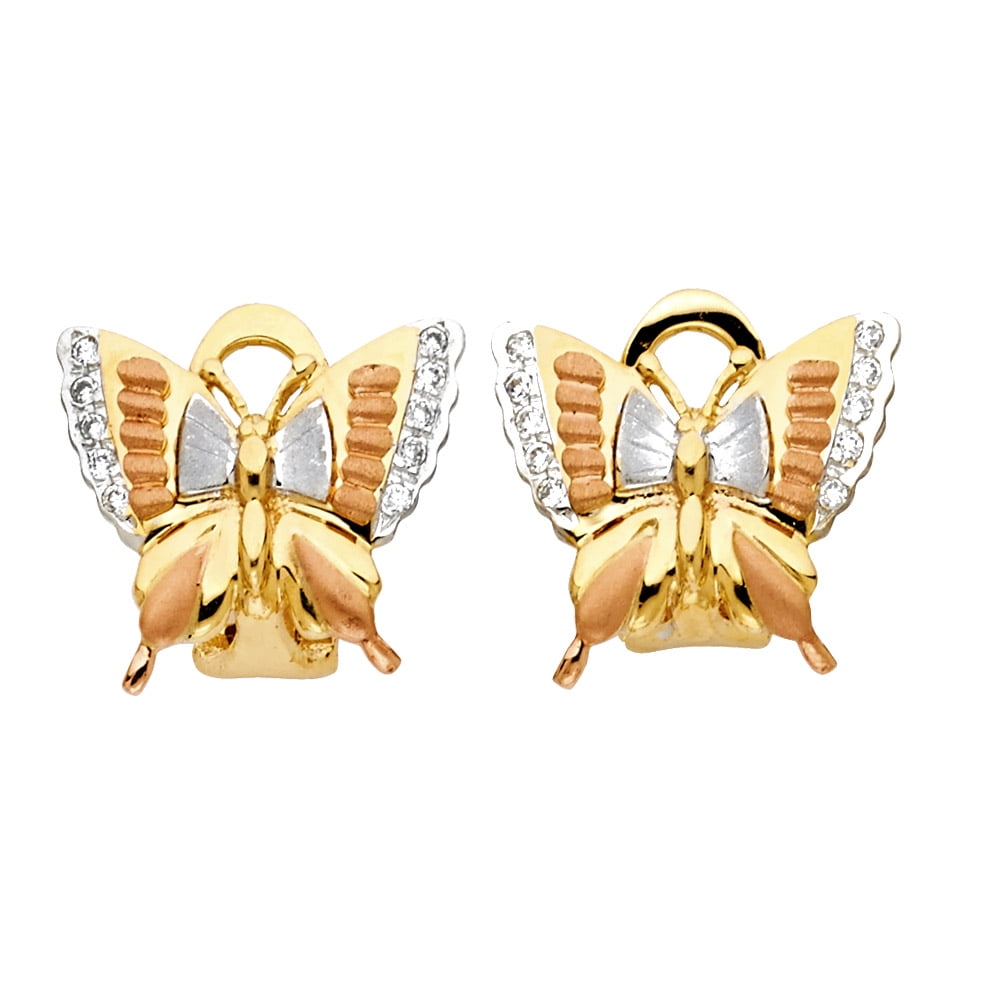 14k Tri-Color Gold Clip Lock Butterfly Clear Cubic Zirconia Bling Earrings Jewelry Female Unisex