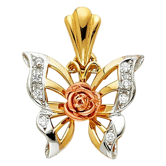 14k Tri-Color Gold Colorful Rose Flower Butterfly Pendant Charm Jewelry Female Unisex