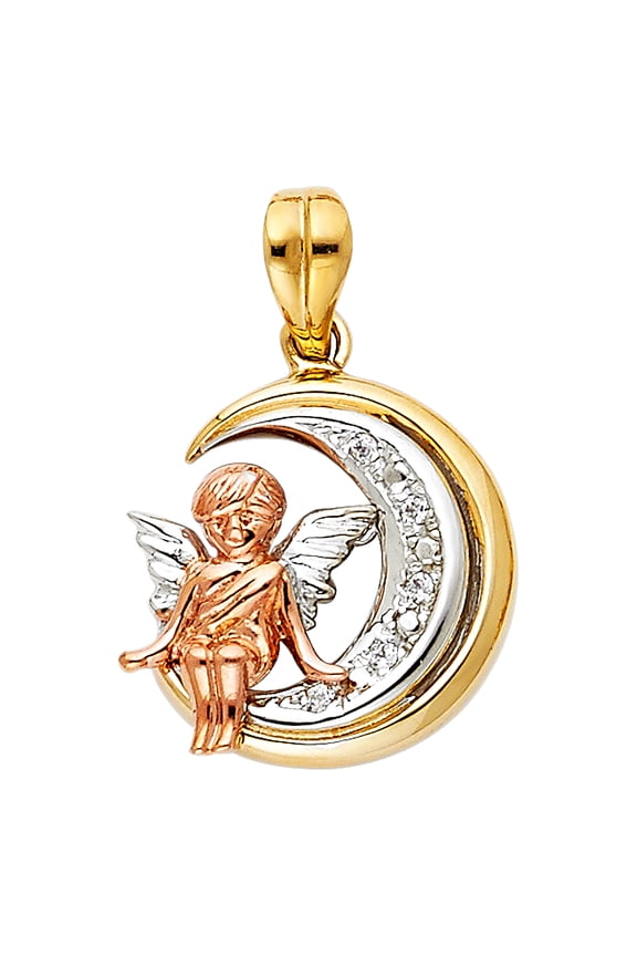 14k Tri-Color Gold Crescent Moon Guardian Angel Pendant Charm Jewelry Female Unisex