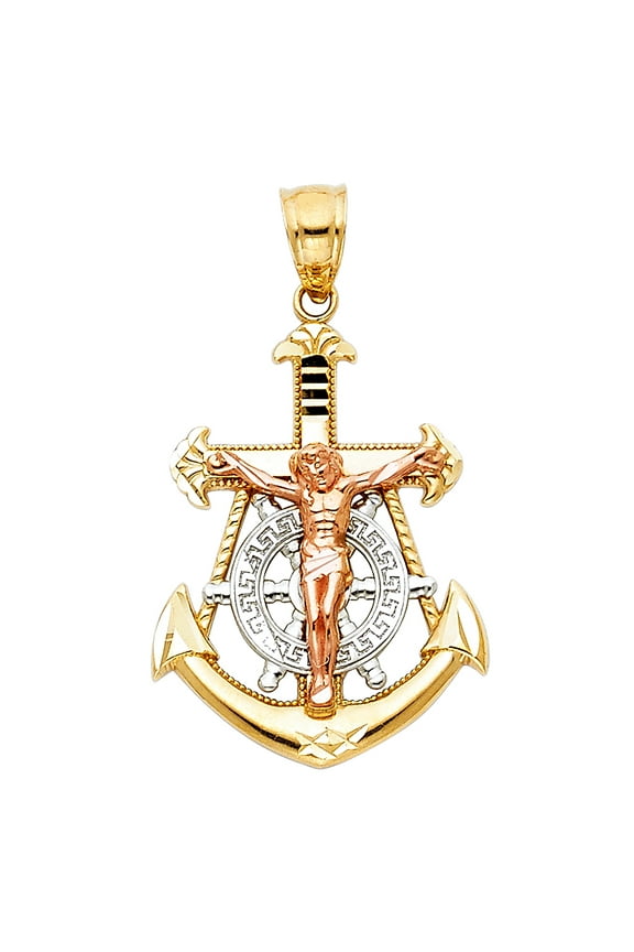 14k Tri-Color Gold Cross Pendant Rope Anchor Nautical Sailor Crucifix Charm Jewelry Female Unisex