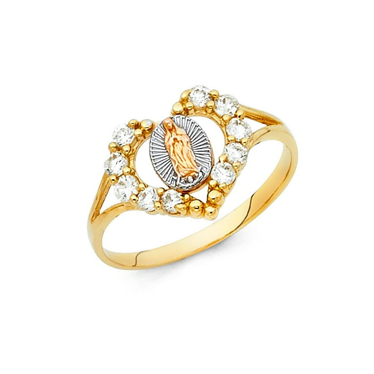 14k Tri Color Gold Cubic Zirconia Heart Shape Virgen de Guadalupe Ring 11mm