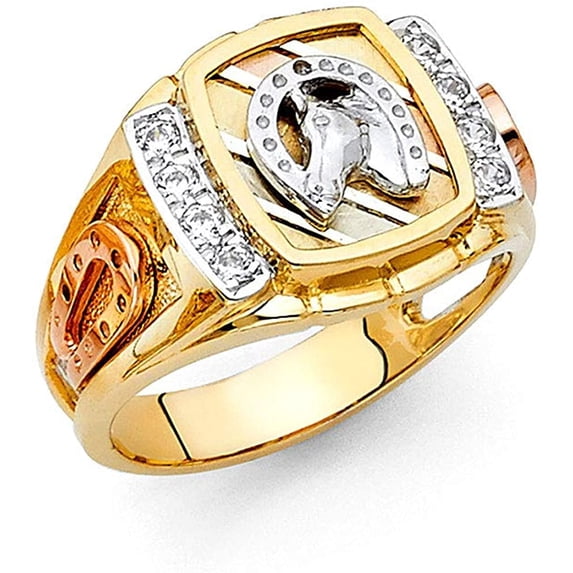 14k Tri Color Gold Cubic Zirconia Lucky Horseshoe Men's Ring for Men's - More Rings (TOP1414, 10)