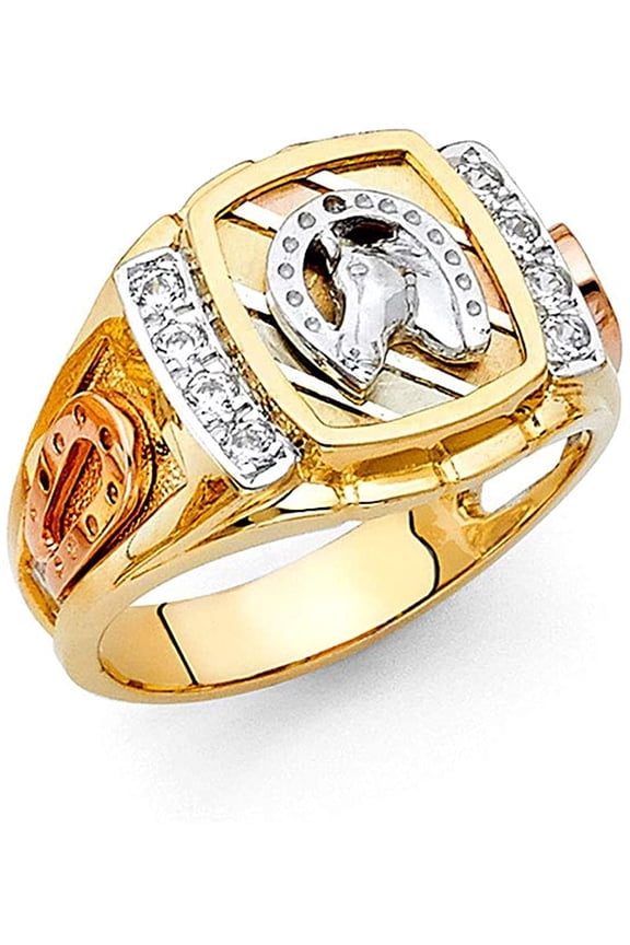 14k Tri Color Gold Cubic Zirconia Lucky Horseshoe Men's Ring for Men's - More Rings (TOP1414, 9)