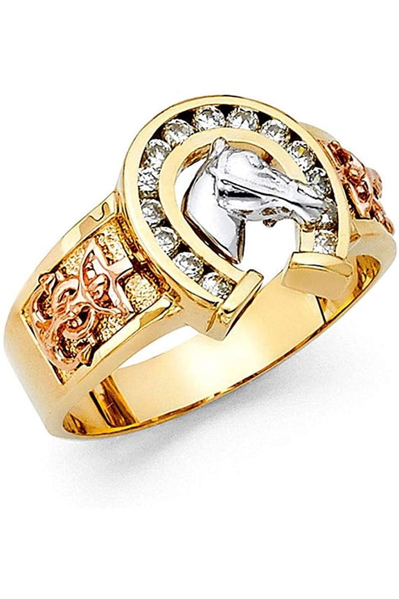 14k Tri Color Gold Cubic Zirconia Lucky Horseshoe Men's Ring for Men's - More Rings (TOP1415, 12)
