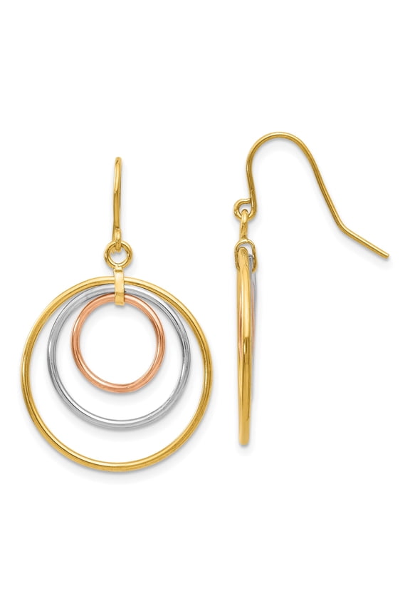 14k Tri-Color Gold Dangle Earrings for Women, Interlocking Yellow White Rose Hoops, Layered Circular Drop Design, Elegant Lightweight Fine Fashion Jewelry