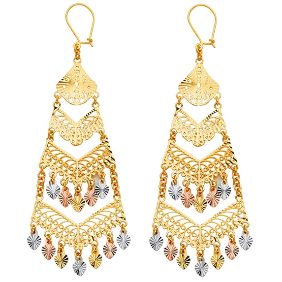 14k Tri-Color Gold Diamond-Cut Chandelier Hang Earrings, (70mm X 28mm)