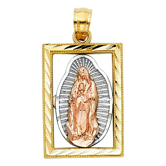 14k Tri Color Gold Diamond Cut Framed Guadalupe Charm Pendant 18mm
