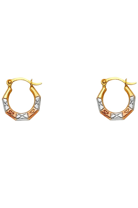 14k Tri-Color Gold Fancy Hollow Hoop Earrings, (12mm X 12mm)