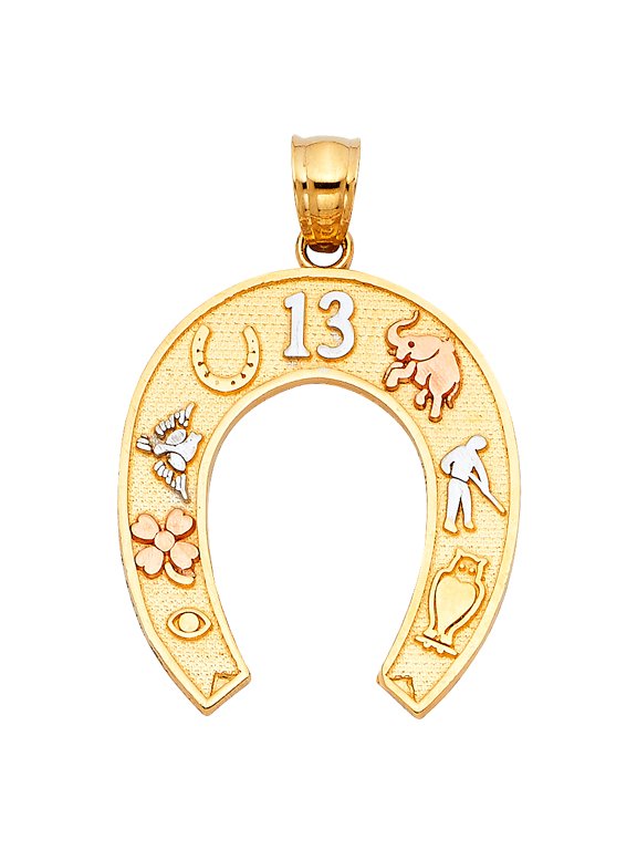 14k Tri-Color Gold Good Luck Charm Pendant Horseshoe 13 Elephant Owl Jewelry Female Unisex