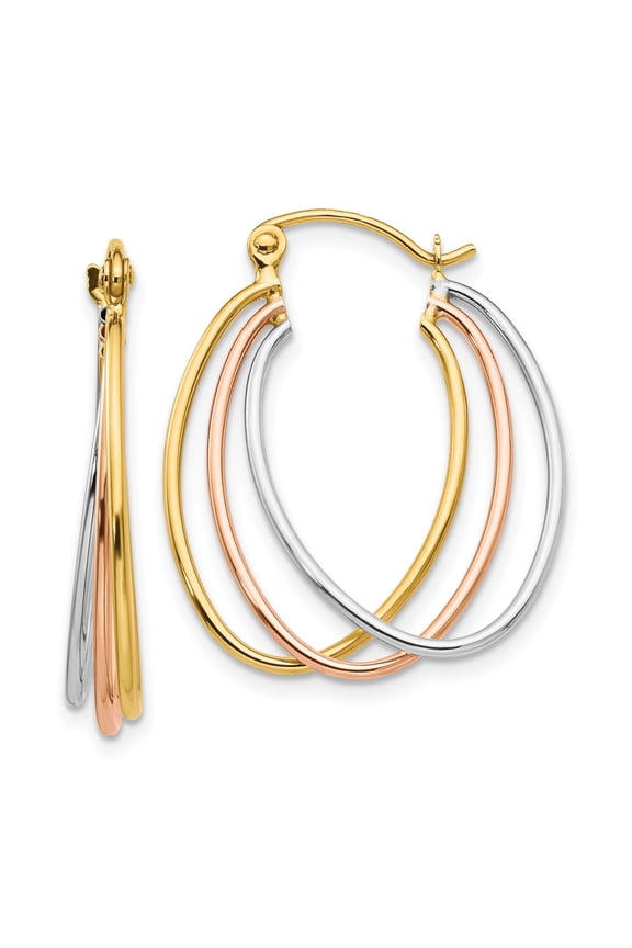 14k Tri Color Gold Hoop Earrings for Women, Interlocking Yellow White Rose Gold Loops, Solid Multi Tone Metal, Elegant Textured Design, Fashion Jewelry for Daily or Special Occasion Wear