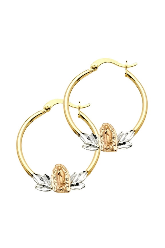 14k Tri-Color Gold Hoop Our Lady of Guadalupe High Polish Shiny Earrings Jewelry Female Unisex