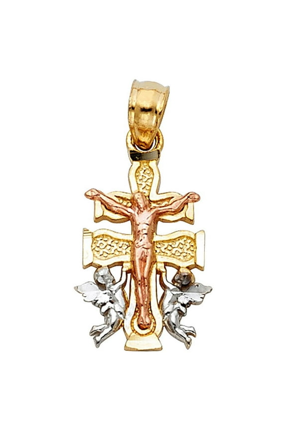 14k Tri-Color Gold Latin Mexican Crucifix Cross Pendant High Polish Jesus Charm Jewelry Female
