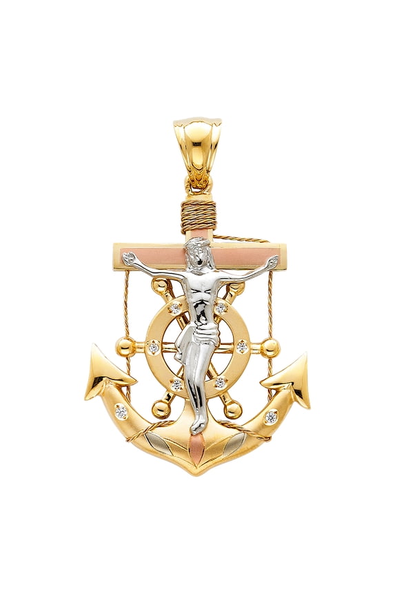 14k Tri-Color Gold Mariners Cross Pendant Jesus Crucifix Anchor Nautical Charm Jewelry Female Unisex