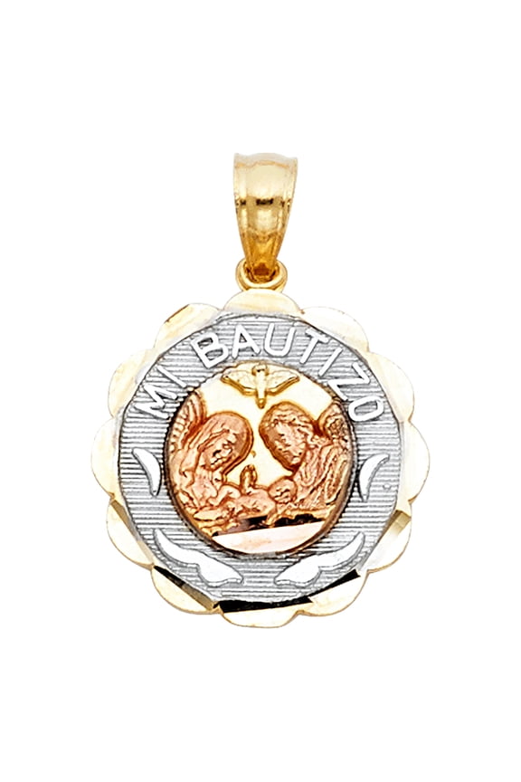 14k Tri-Color Gold Mi Bautizo Medallion Pendant Baptism Catholic Faith Charm Jewelry Female Unisex