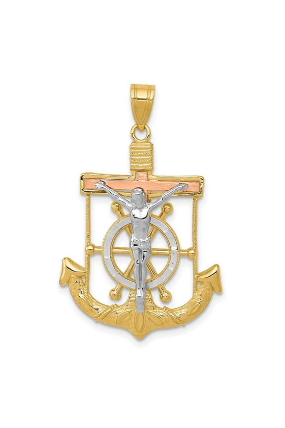 14k Tri Color Gold Nautical Anchor Cross Pendant Necklace for Men and Women with Textured Crucifix and Ship Wheel Detail Spiritual Religious Jewelry