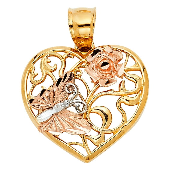 14k Tri-Color Gold Ornate Design Butterfly Heart with Rose Pendant Fancy Charm Jewelry Female Unisex